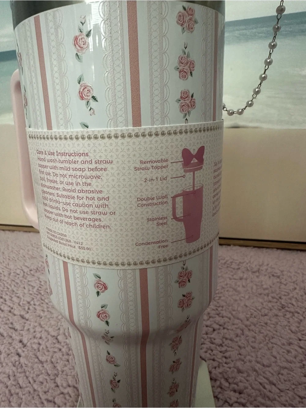 Cream Bow Straw Tumbler with Pink Floral Travel Mug